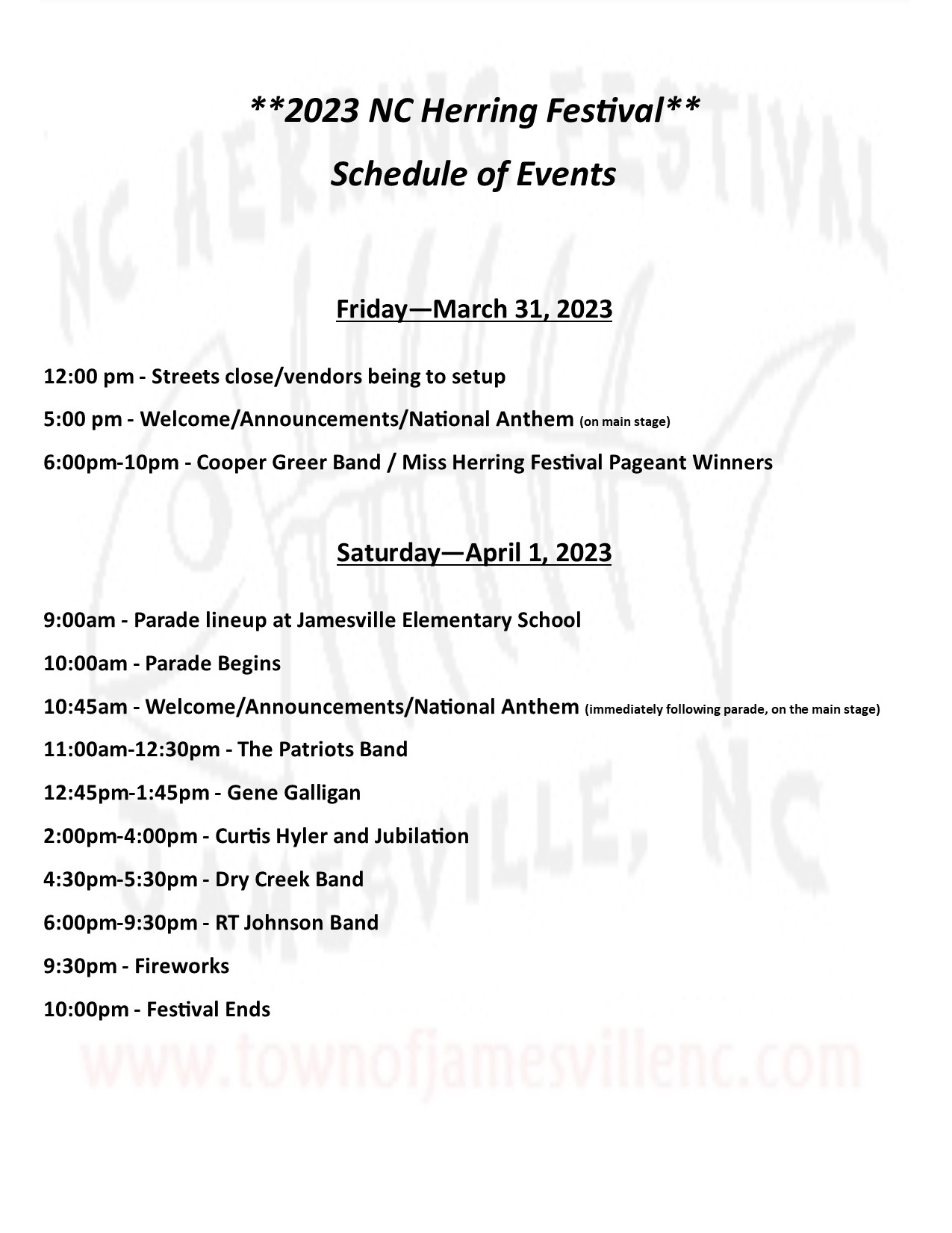 2023 Schedule of Events
